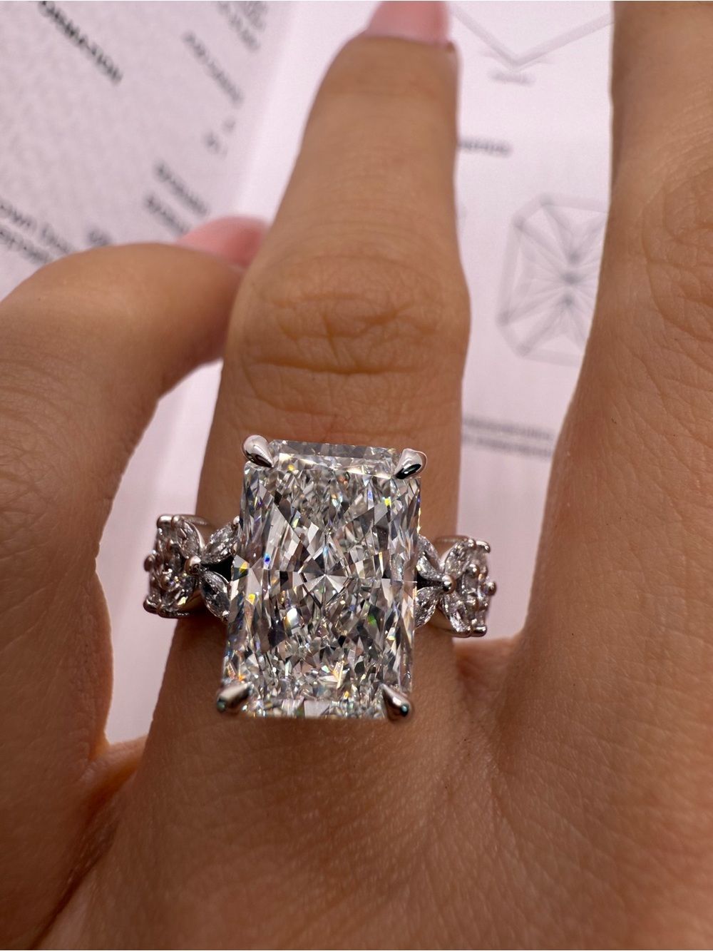4.00 carat E VS1 radiant cut lab diamond engagement ring floral band